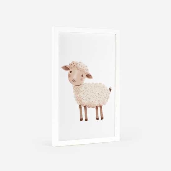 Poster de um cordeiro branco fofo com textura de lã, ideal para decoração de quartos de bebé. 4